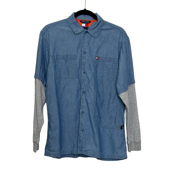 Tommy Hilfiger men blue denim faux overlay long sleeves shirt size XL - Picture 1 of 11